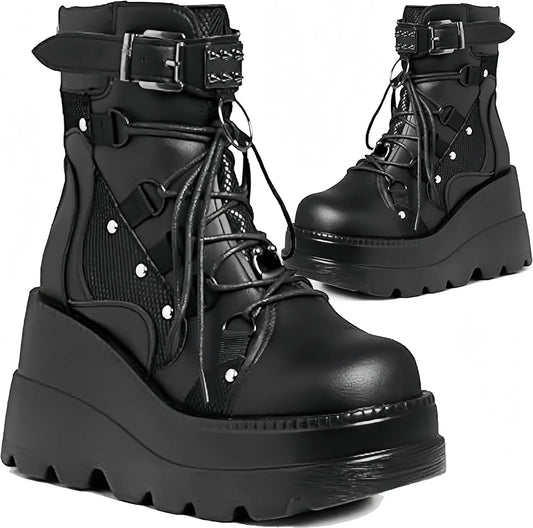 GIGIFOXCN Women Goth Wedge Combat Ankle Boots Buckle Lace Up Zipper Shoes