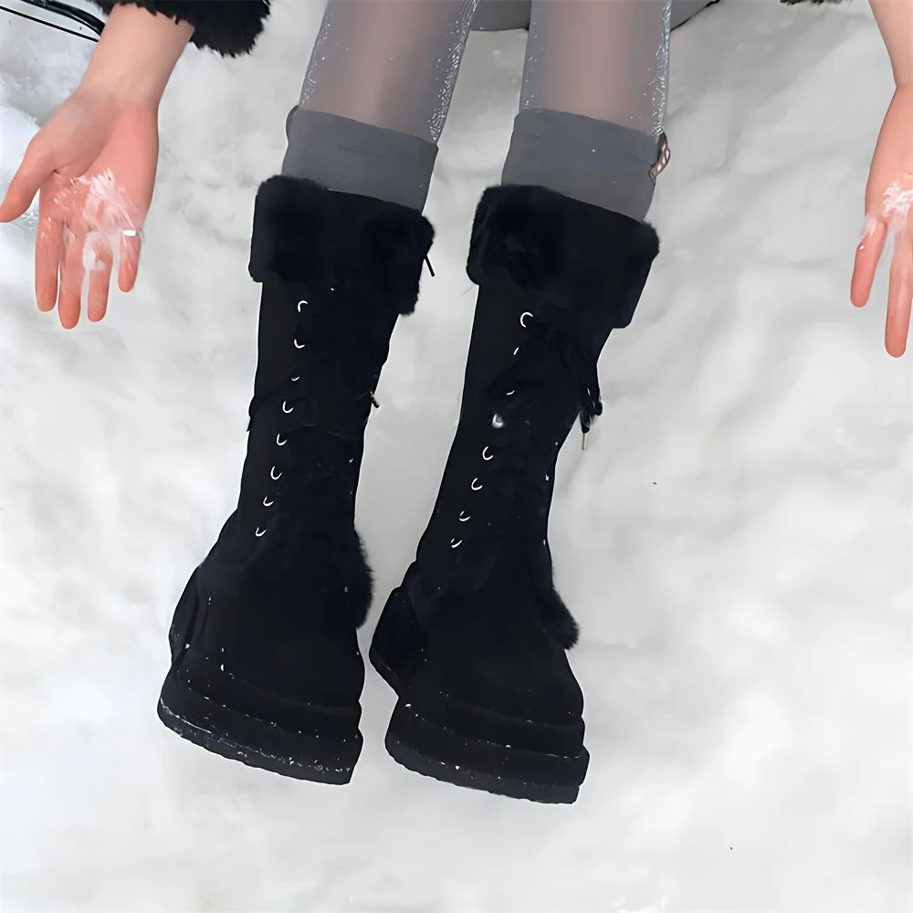 Winter Faux Fur Mid Calf Snow Boots Lace Up Wedges