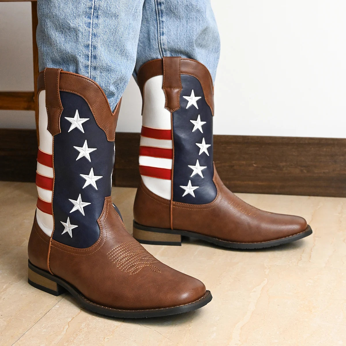Men's High Top Cowboy Boots With Stars And Stripes Pattern