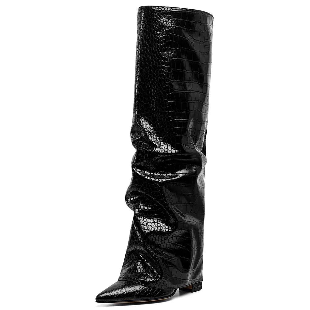 GIGIFOX Knee High Pleated Fold Over Boots For Women High Heel