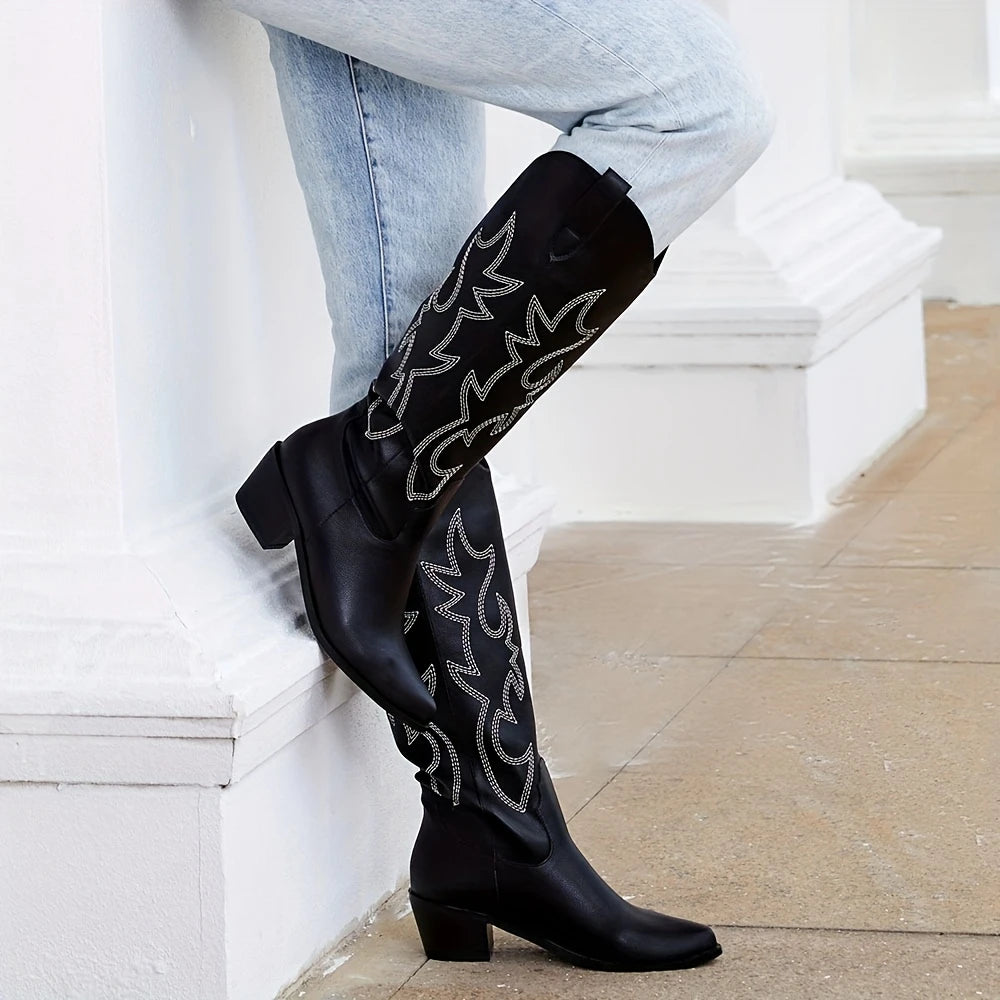 Western Cowgirl Embroidered Knee-High Boots For Women Slip-On