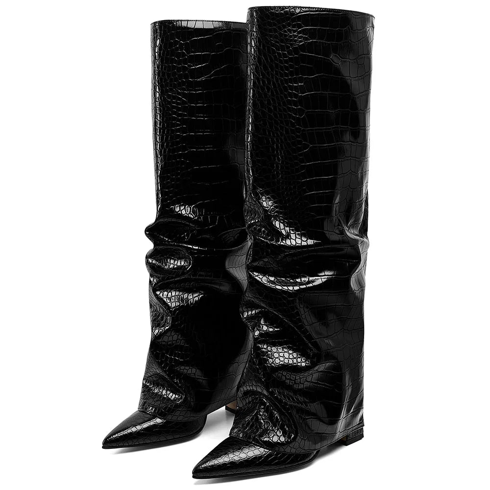 GIGIFOX Knee High Pleated Fold Over Boots For Women High Heel