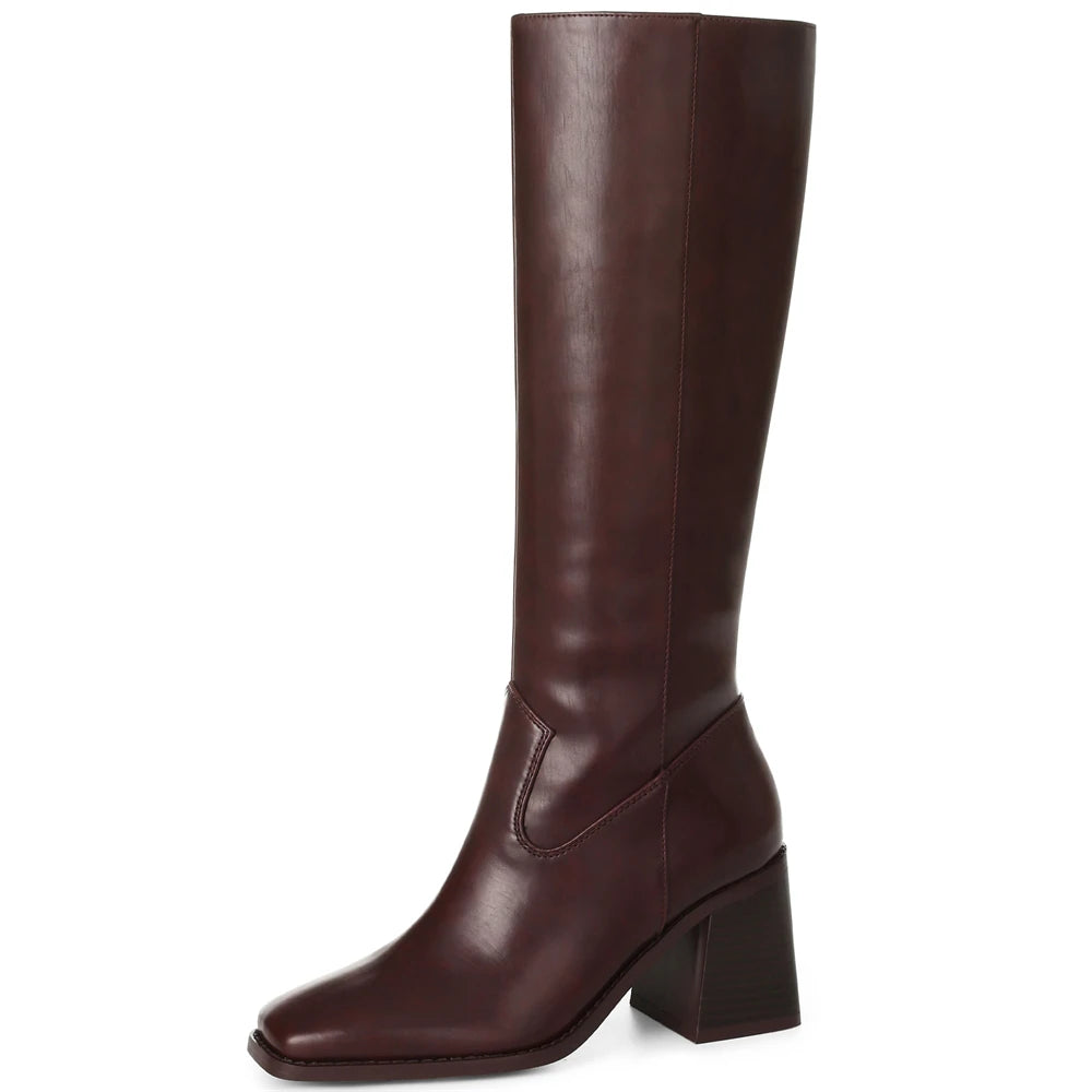 DoraTasia Women Knee High Boots Square Toe Chunky Heel Motorcycle