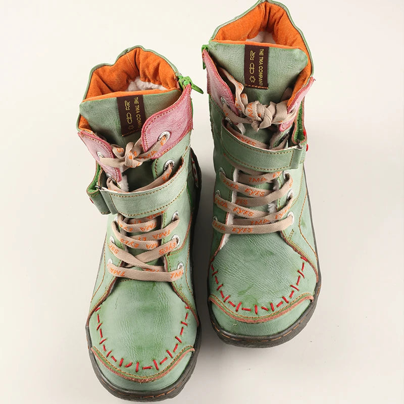 TMA EYES Women's Winter Leather Boots Slip-On Plush Lining