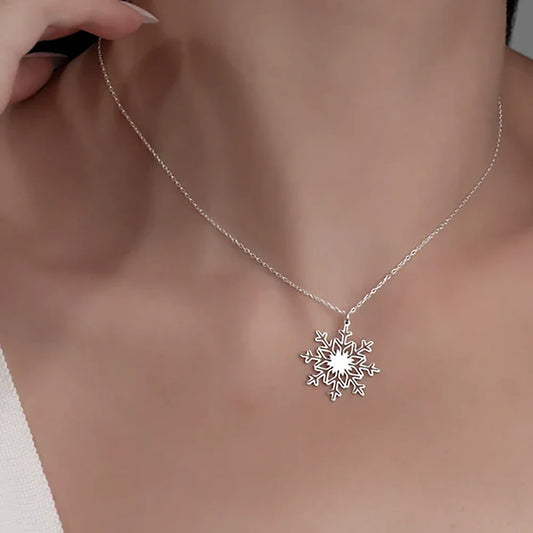 Stainless Steel Snowflake Charm Necklace For Women Pendant