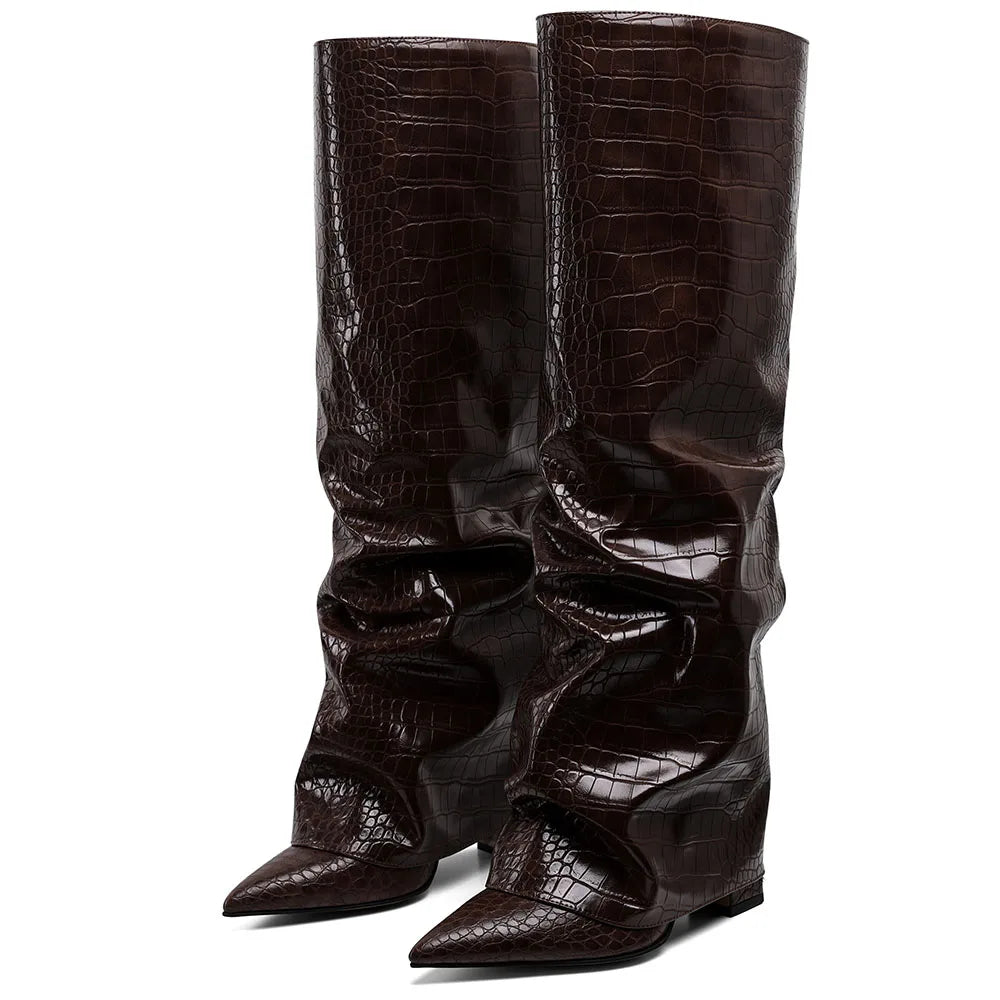 GIGIFOX Knee High Pleated Fold Over Boots For Women High Heel
