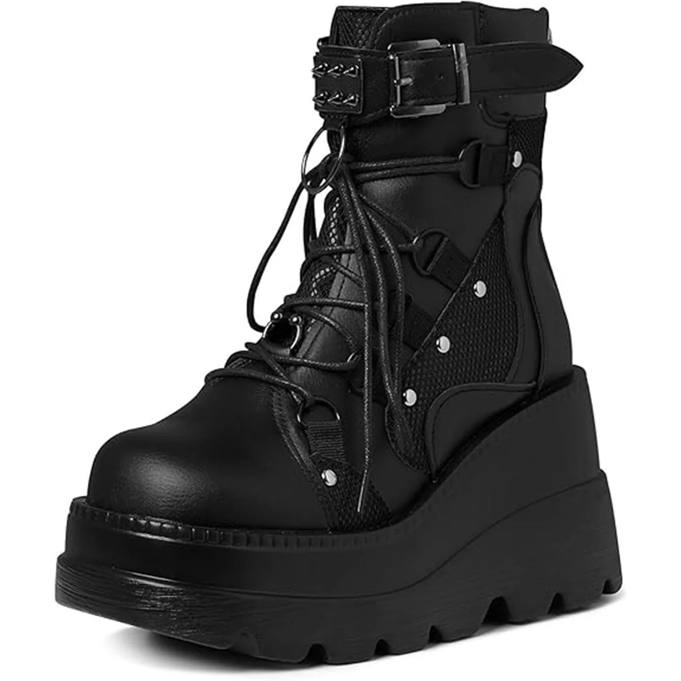 GIGIFOXCN Women Goth Wedge Combat Ankle Boots Buckle Lace Up Zipper Shoes