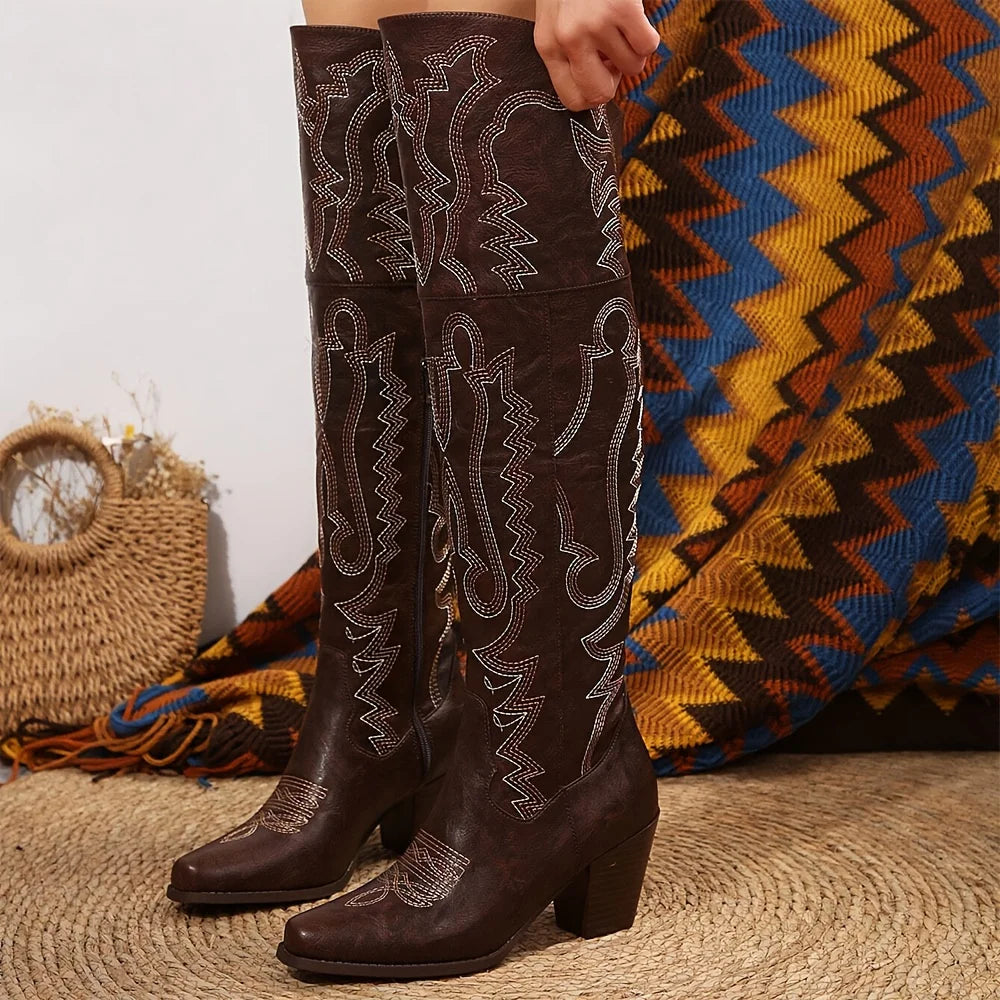 Western Embroidered Cowgirl Boots For Women With Pointed Toe