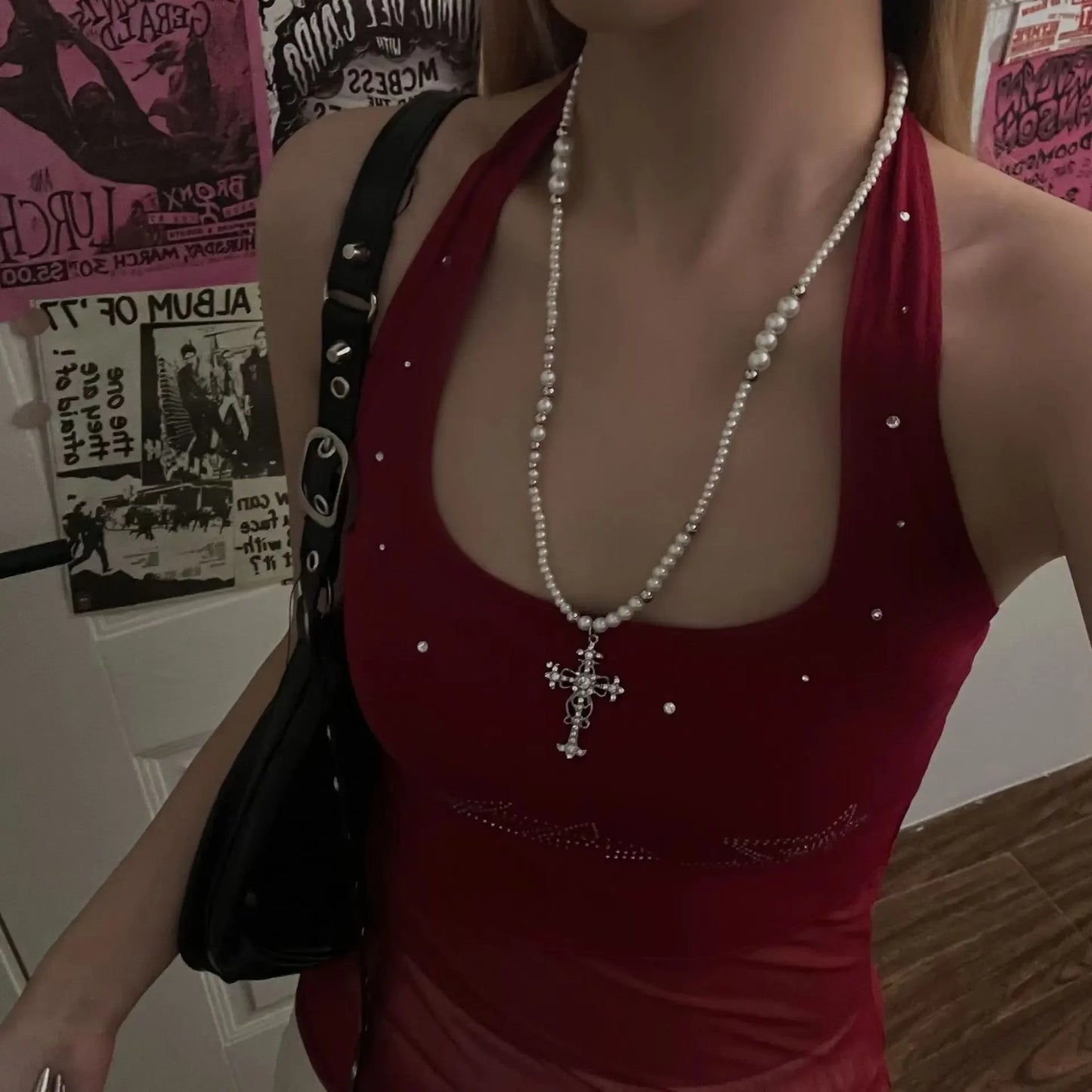 Multilayer Cross Pendant Pearl Chain Necklace For Women