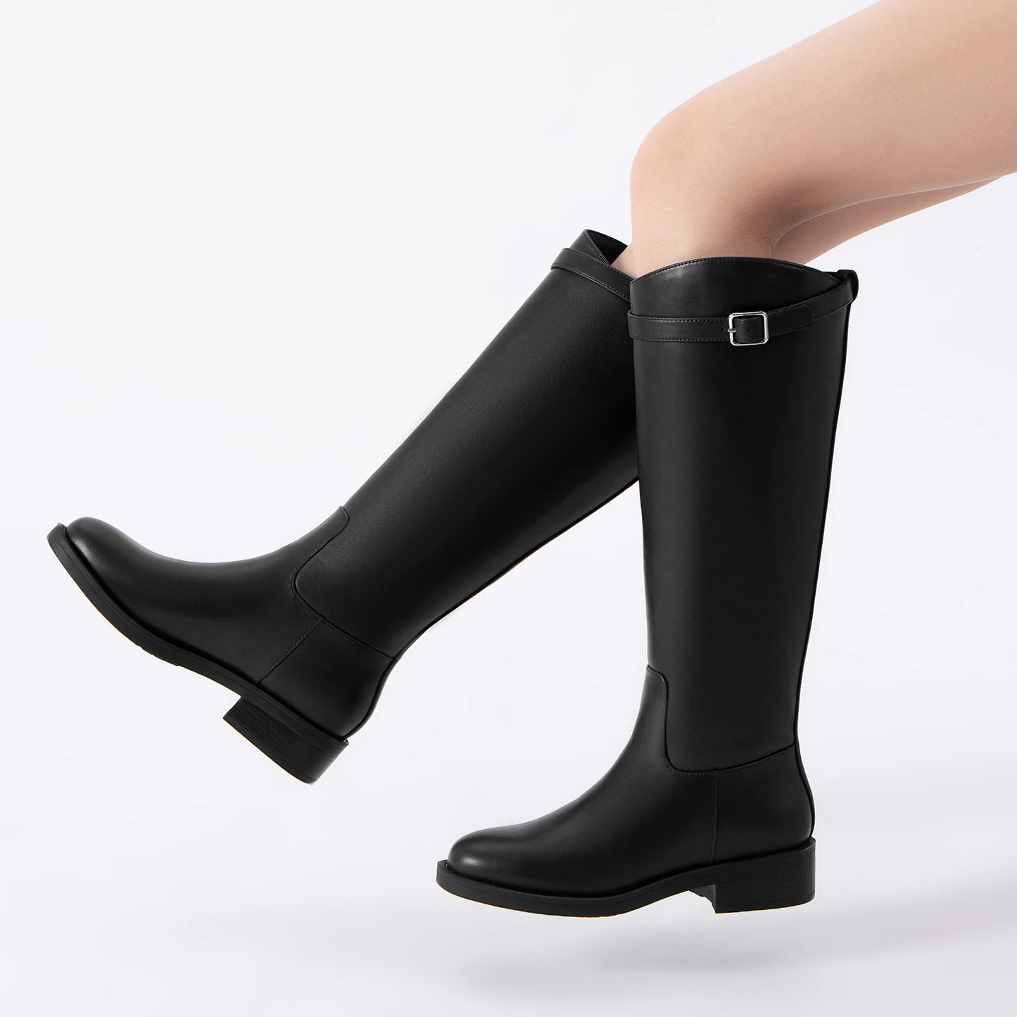 Athlefit Women's Knee High Riding Boots Round Toe Buckle
