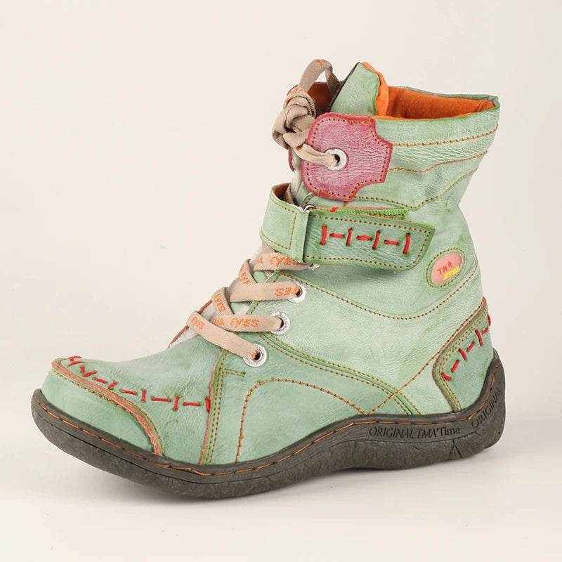 TMA EYES Women's Winter Leather Boots Slip-On Plush Lining