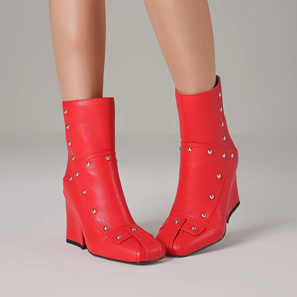 Womens Punk Patchwork Rivet Square Toe Ankle Boots Back Zipper