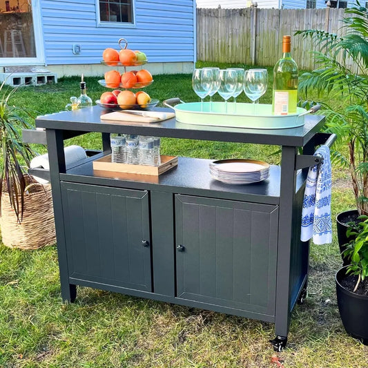 DAFIFY Metal Outdoor Grill Cart With Wheels And Storage Cabinet