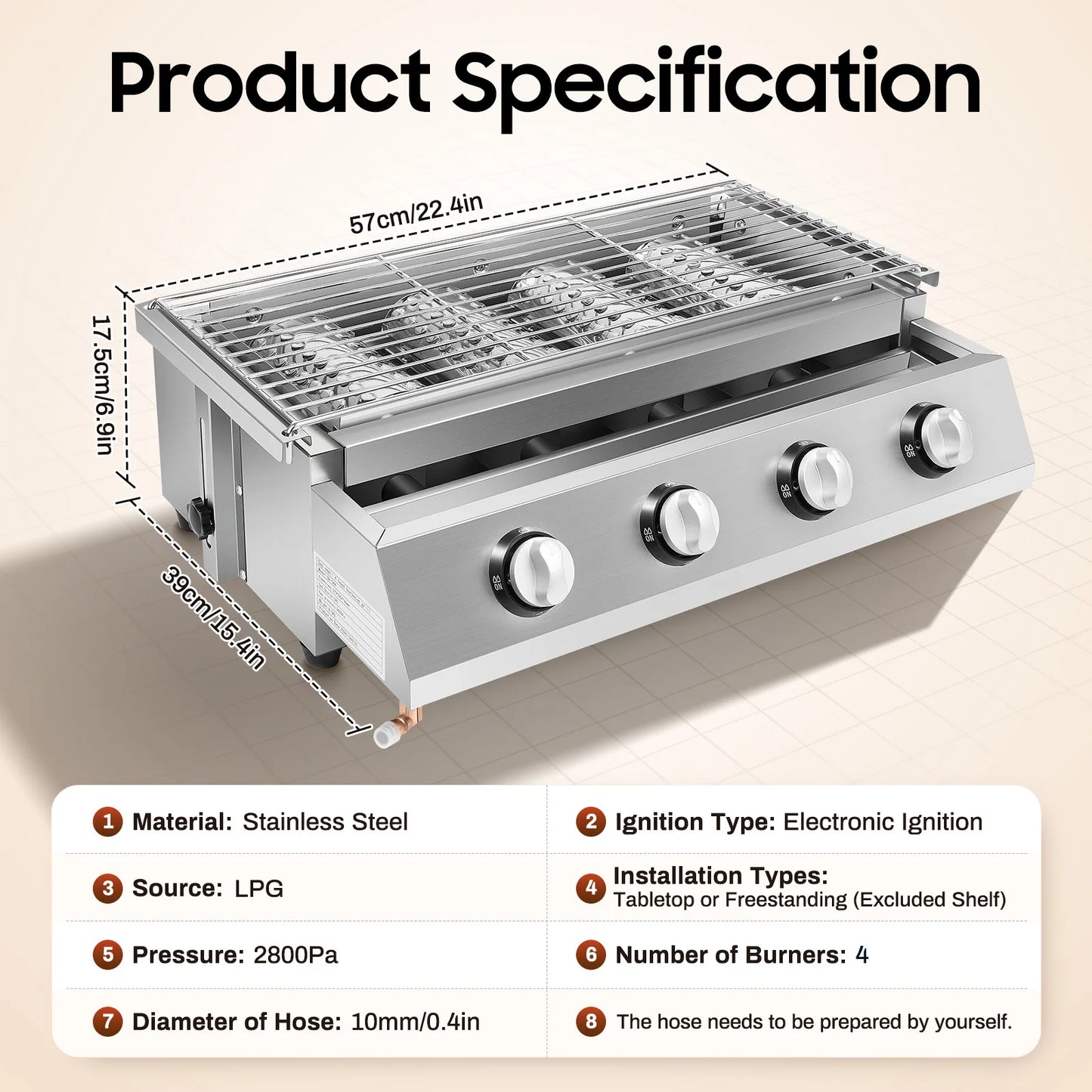 Portable 4 Burner Propane Gas Grill Smokeless Barbecue