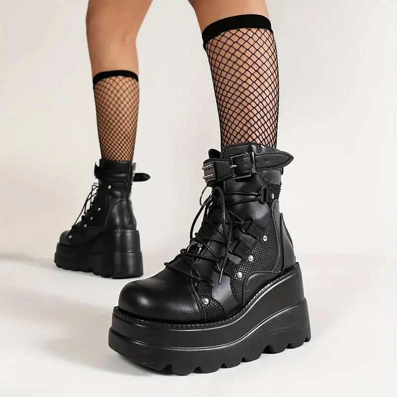 GIGIFOXCN Women Goth Wedge Combat Ankle Boots Buckle Lace Up Zipper Shoes