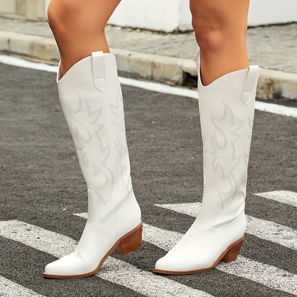 Western Cowgirl Embroidered Knee-High Boots For Women Slip-On
