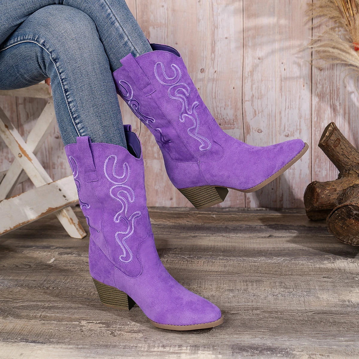 Velvet Embroidered Western Boots For Women Slip On Mid Calf