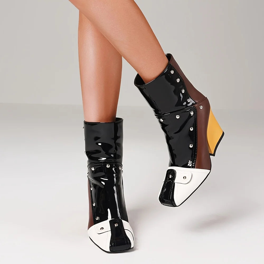 Womens Punk Patchwork Rivet Square Toe Ankle Boots Back Zipper