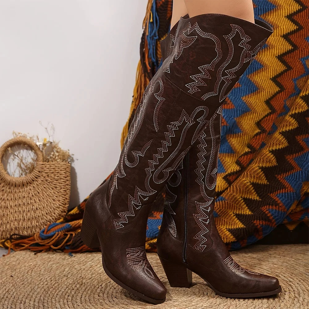 Western Embroidered Cowgirl Boots For Women With Pointed Toe