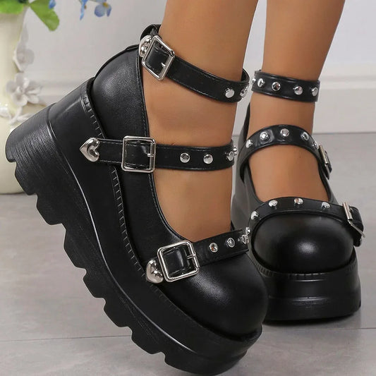 DoraTasia Retro Studded Punk Mary Jane Pumps for Nightclub