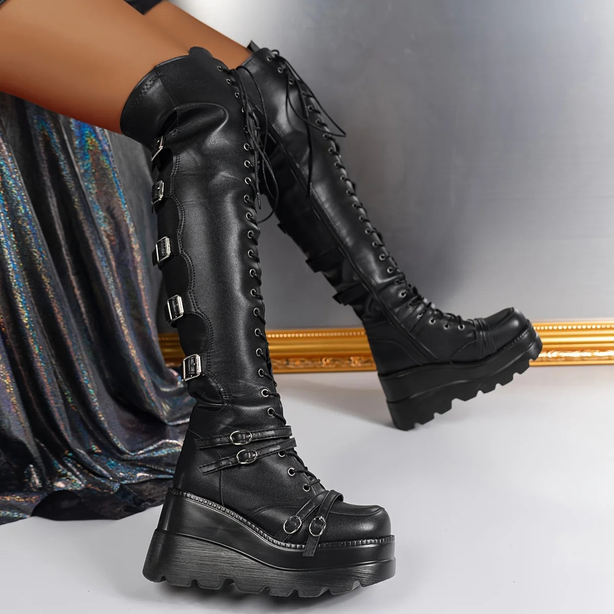 Womens Gothic Punk Thigh High Boots With Zipper Wedges