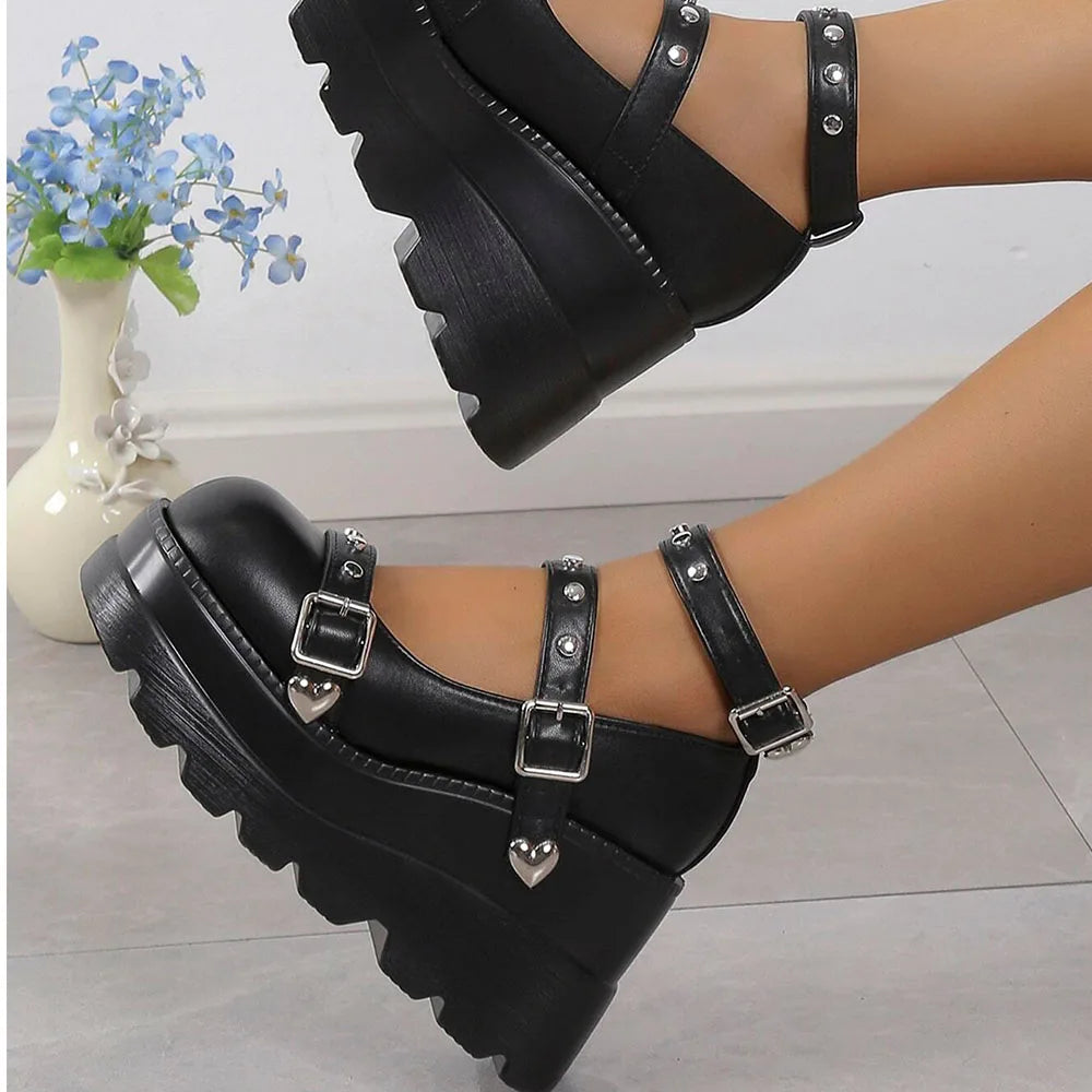 DoraTasia Retro Studded Punk Mary Jane Pumps for Nightclub