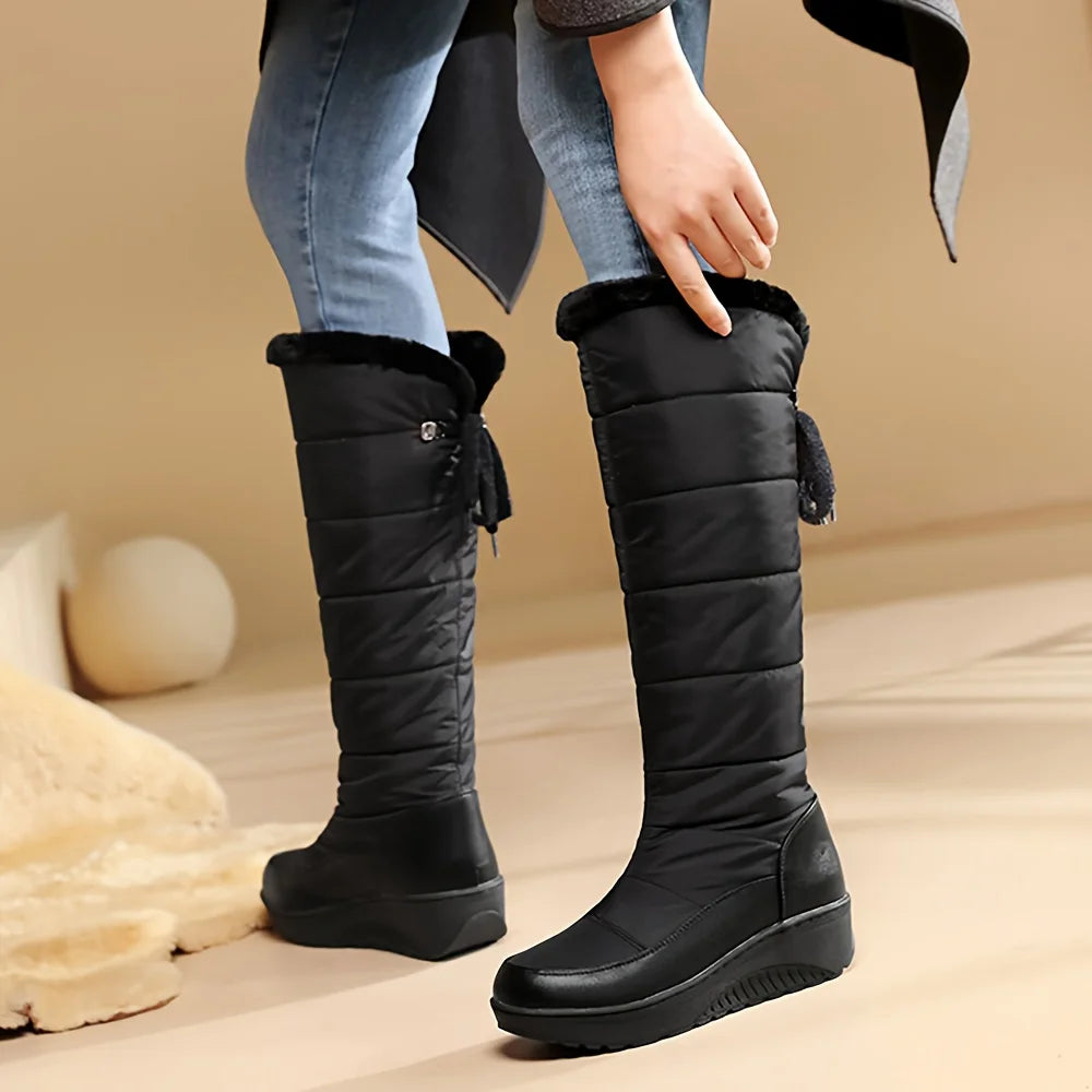 Womens Faux Fur Winter Snow Boots Waterproof Knee High Wedges