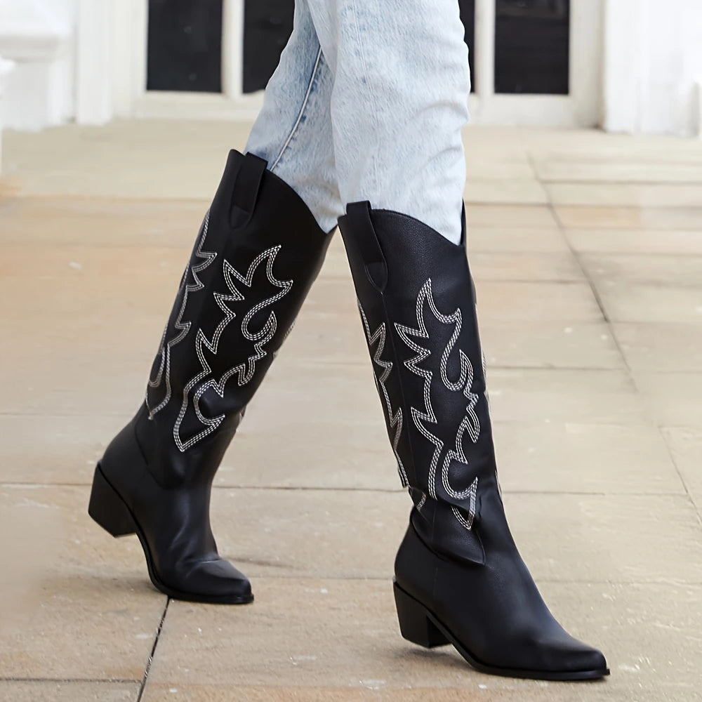 Western Cowgirl Embroidered Knee-High Boots For Women Slip-On
