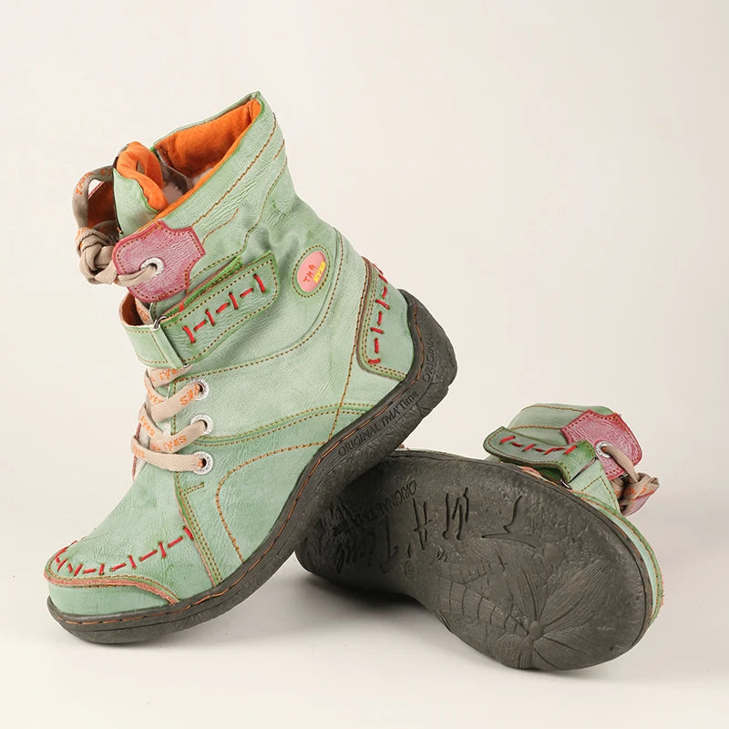 TMA EYES Women's Winter Leather Boots Slip-On Plush Lining