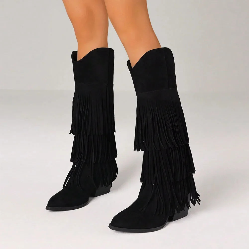 Retro Fringe Knee High Cowboy Boots With Pointed Block Heel