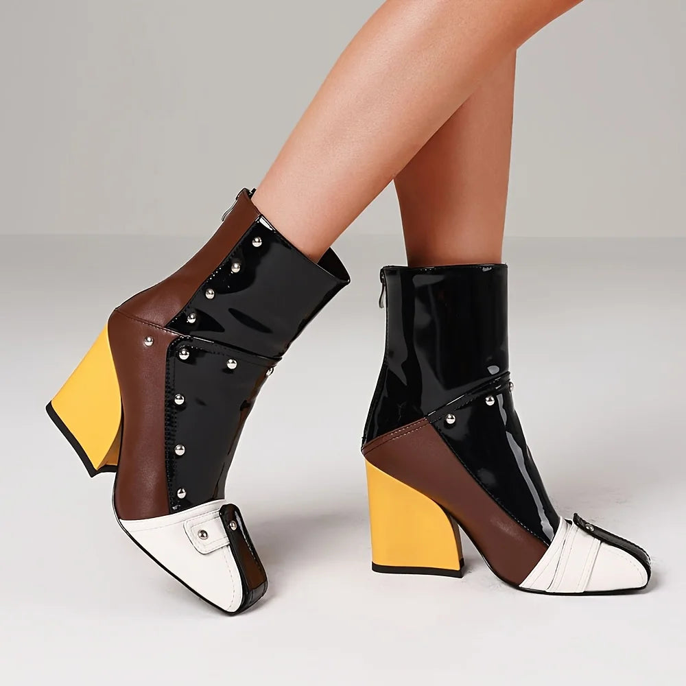 Womens Punk Patchwork Rivet Square Toe Ankle Boots Back Zipper