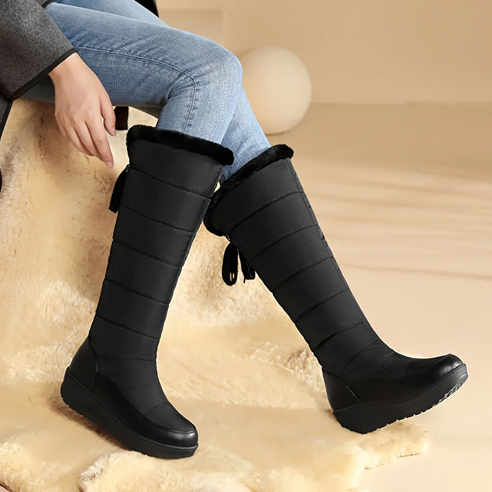 Womens Faux Fur Winter Snow Boots Waterproof Knee High Wedges
