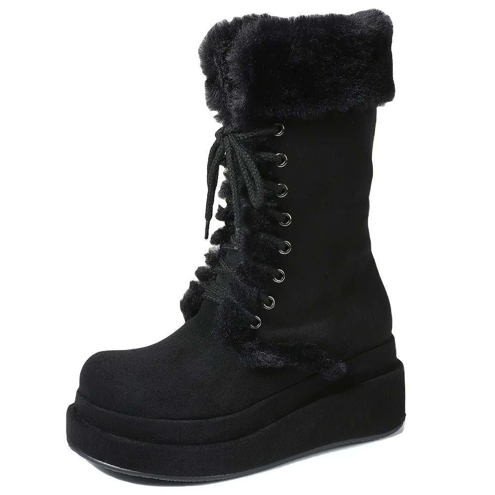 Winter Faux Fur Mid Calf Snow Boots Lace Up Wedges