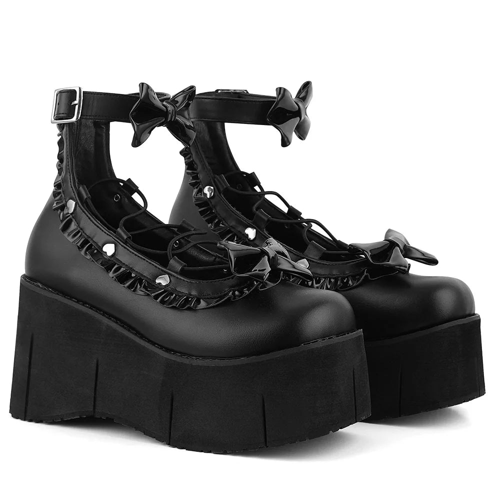 GIGIFOX Lolita Punk Butterfly Knot Platform Wedge Mary Jane Pumps