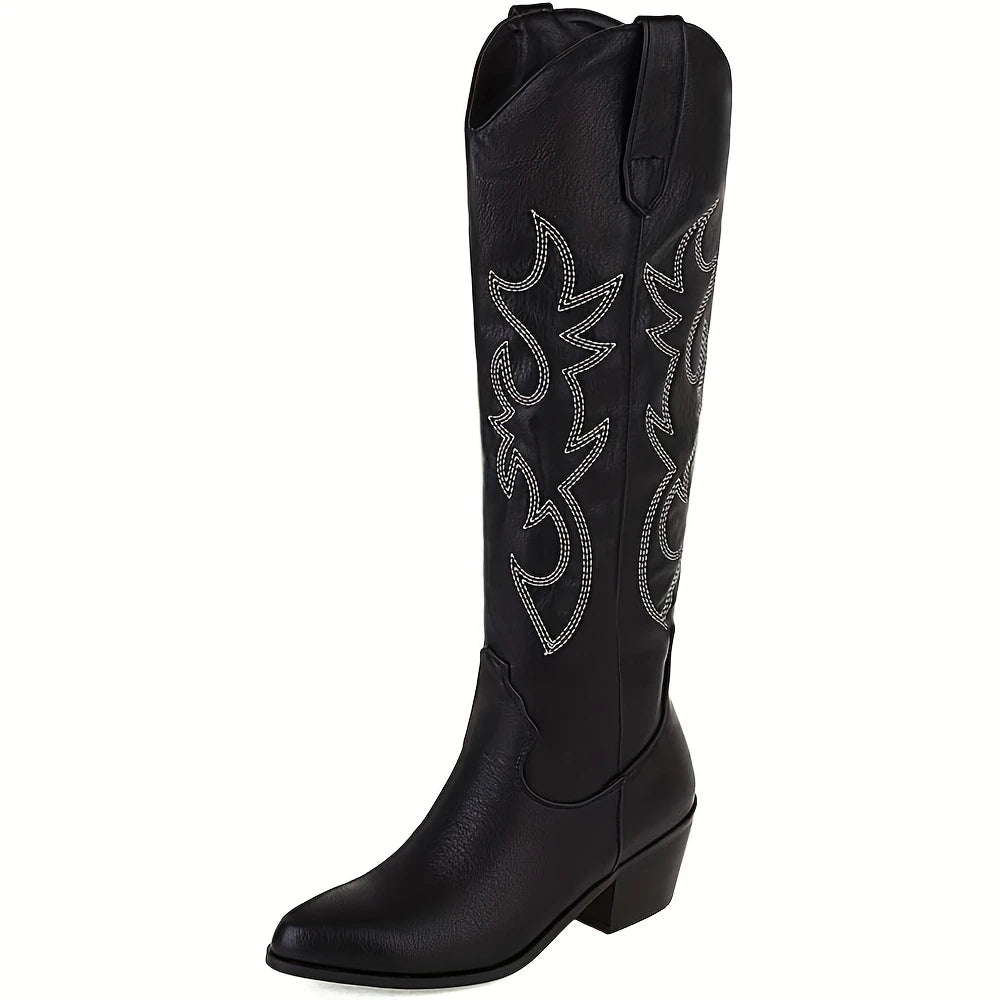 Western Cowgirl Embroidered Knee-High Boots For Women Slip-On