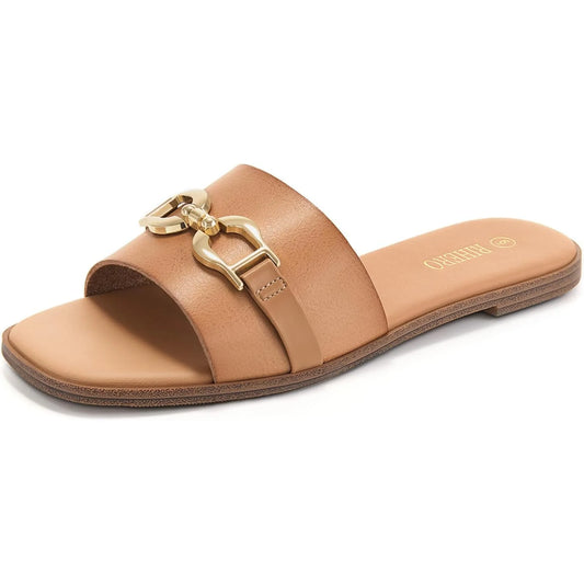 CN Fujian Womens Leather Flat Sandals Memory Foam Insole