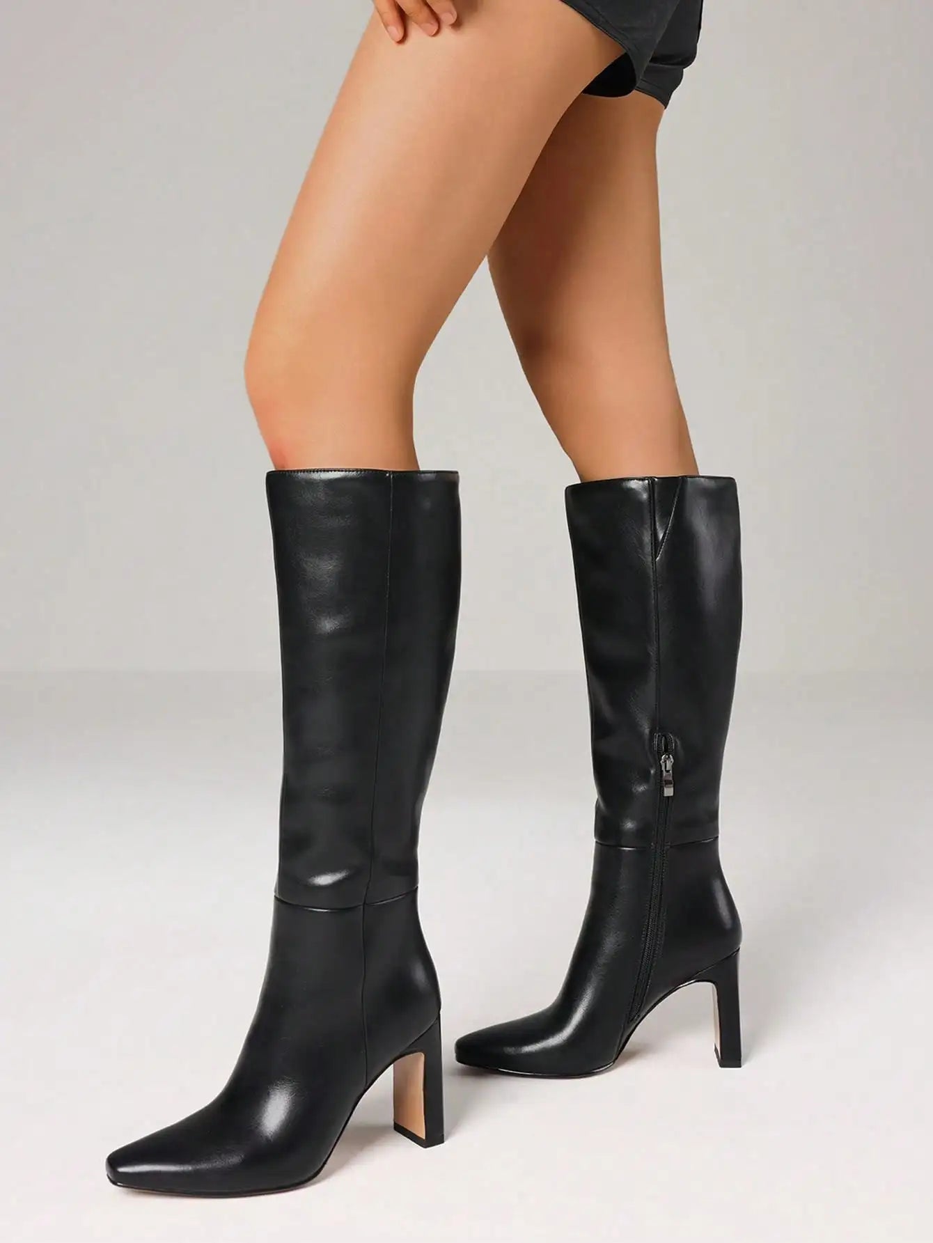 Knee High Boots Flock Zip Square Toe Chunky Heels Women
