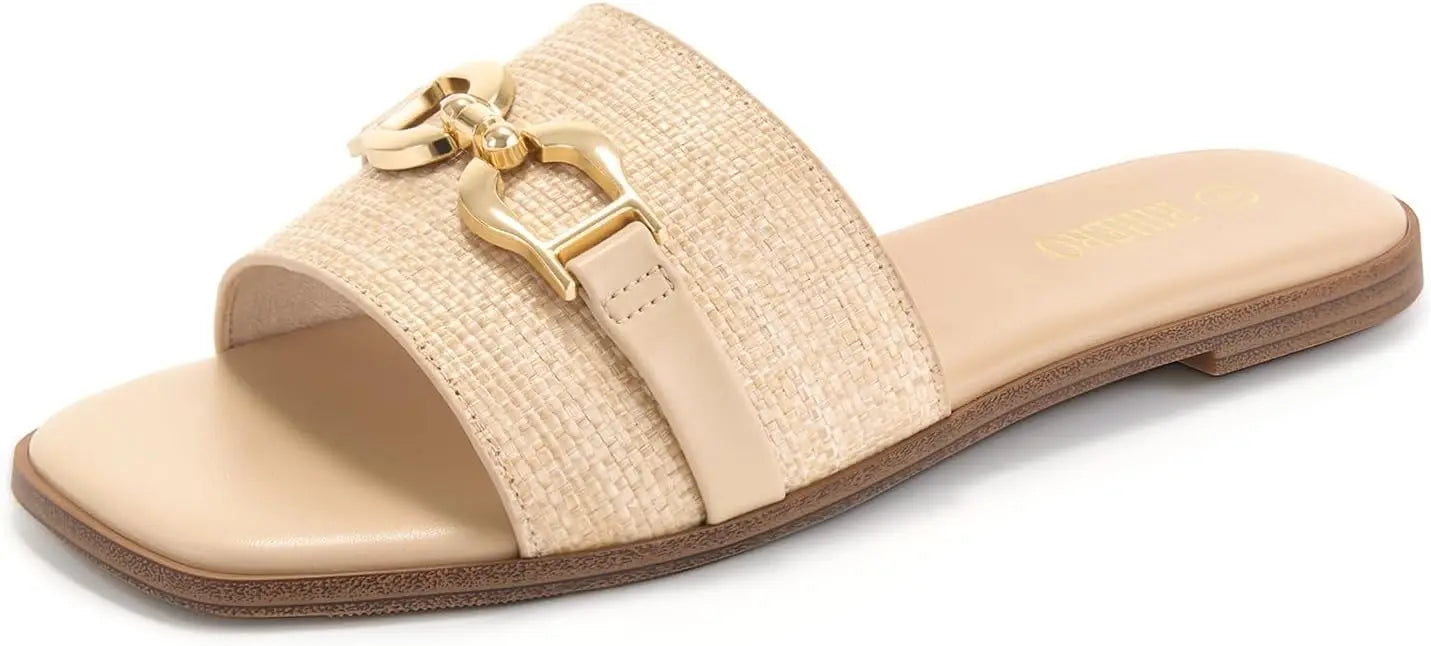 CN Fujian Womens Leather Flat Sandals Memory Foam Insole