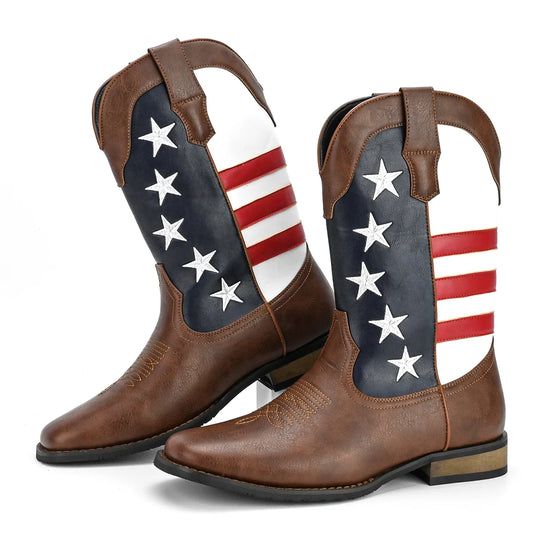 Men's High Top Cowboy Boots With Stars And Stripes Pattern