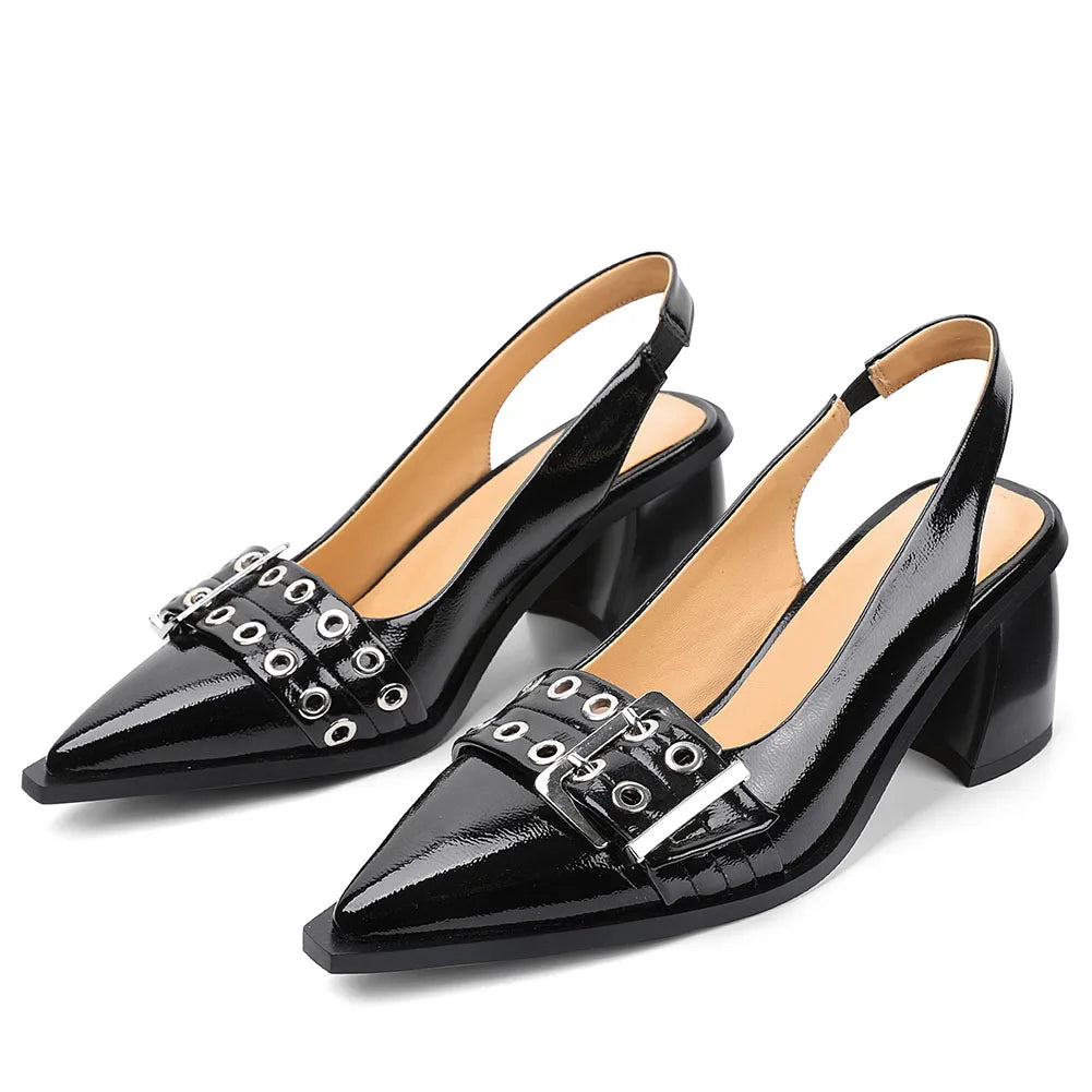 DoraTasia Women Slingback Heels Buckle Strap Pointed Toe Pumps
