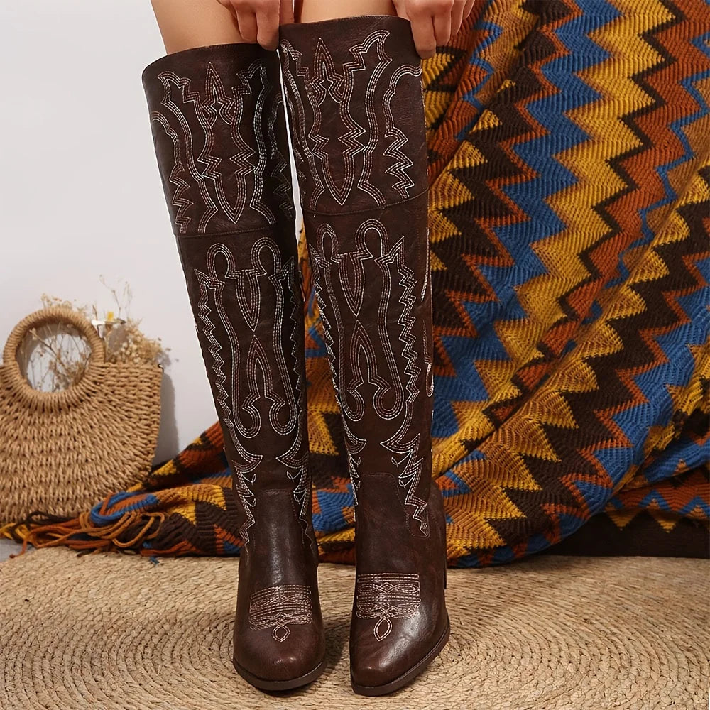 Western Embroidered Cowgirl Boots For Women With Pointed Toe