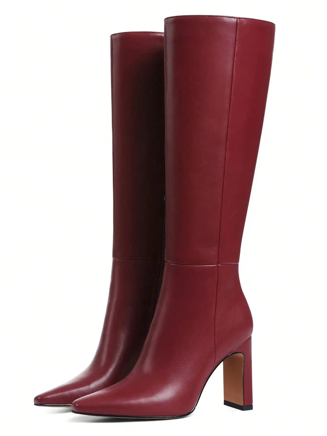 Knee High Boots Flock Zip Square Toe Chunky Heels Women