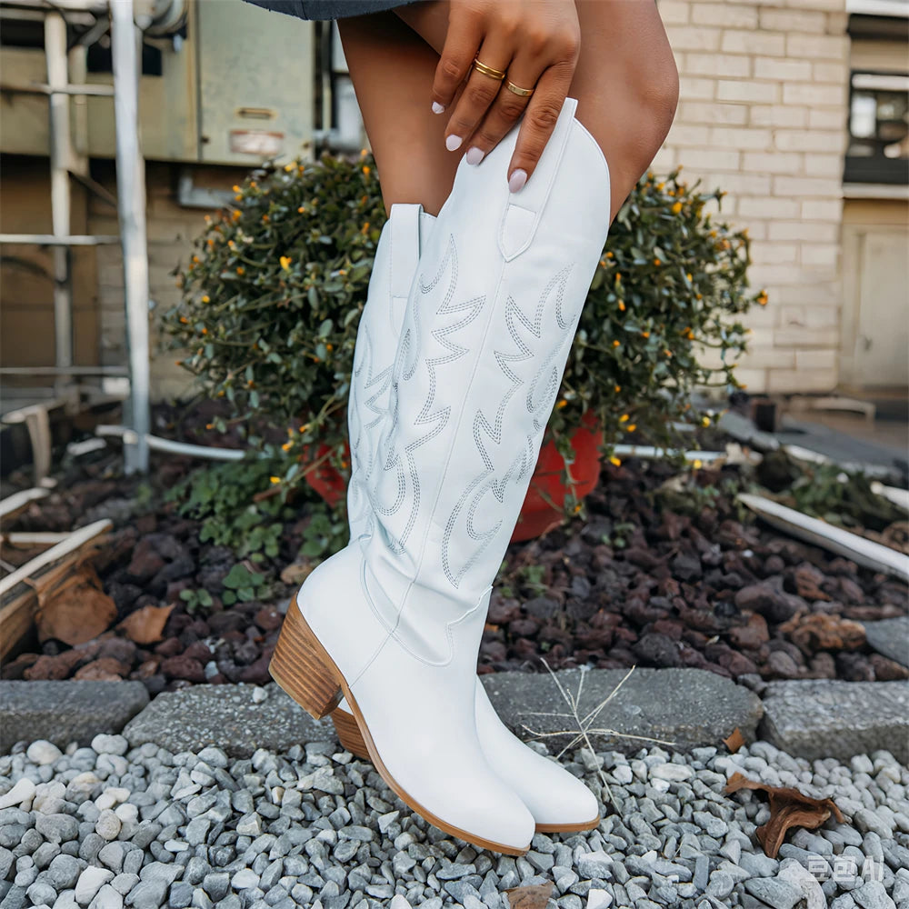 Western Cowgirl Embroidered Knee-High Boots For Women Slip-On