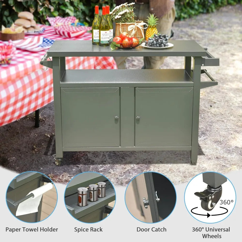 DAFIFY Metal Outdoor Grill Cart With Wheels And Storage Cabinet