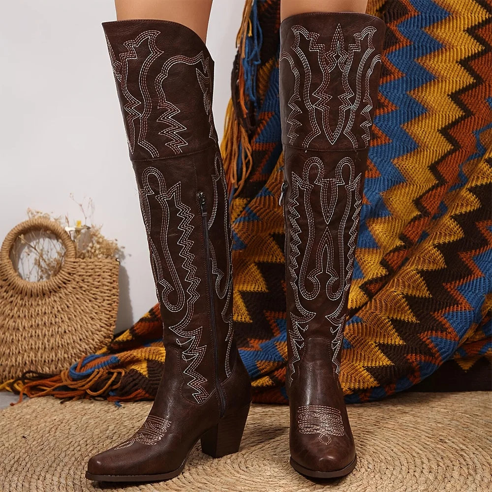 Western Embroidered Cowgirl Boots For Women With Pointed Toe