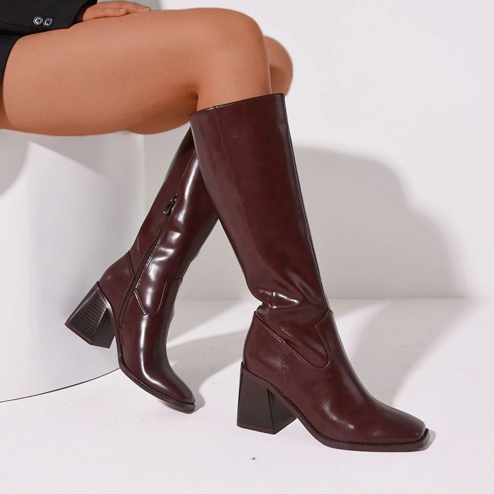 DoraTasia Women Knee High Boots Square Toe Chunky Heel Motorcycle
