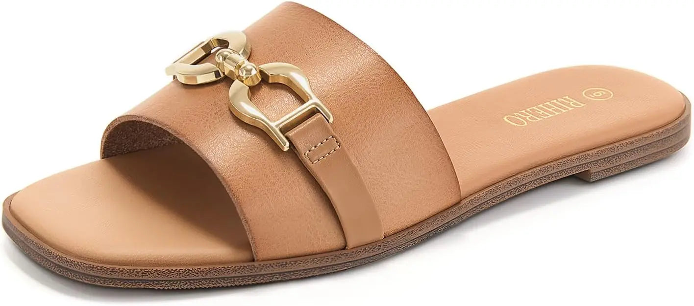 CN Fujian Womens Leather Flat Sandals Memory Foam Insole