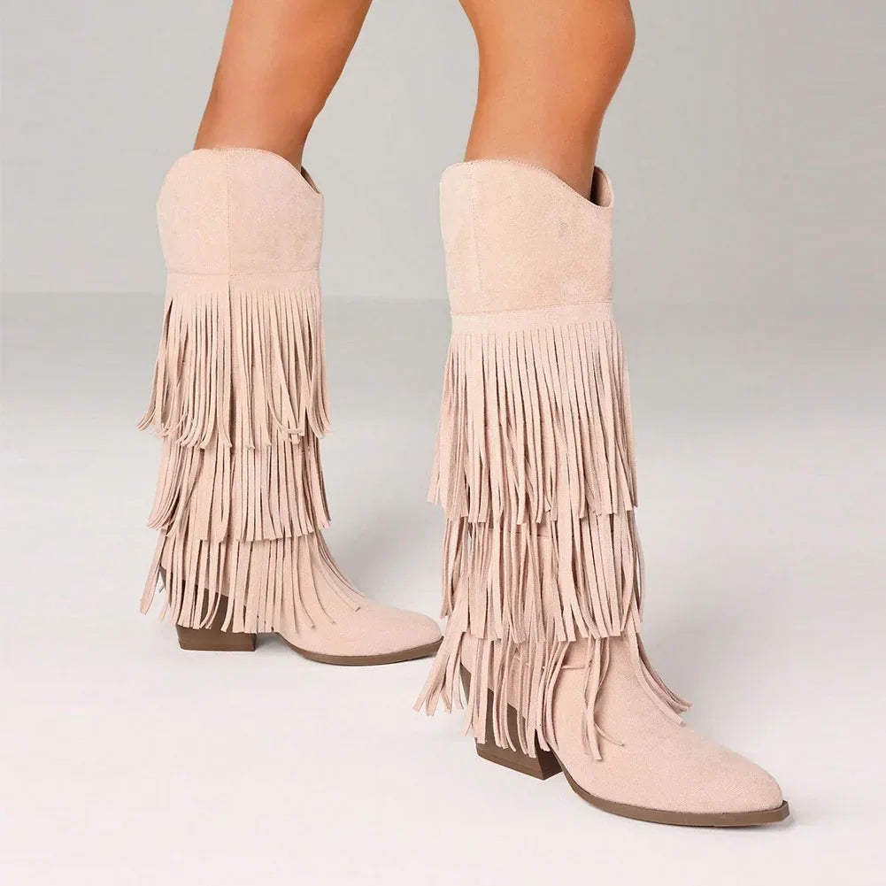 Retro Fringe Knee High Cowboy Boots With Pointed Block Heel
