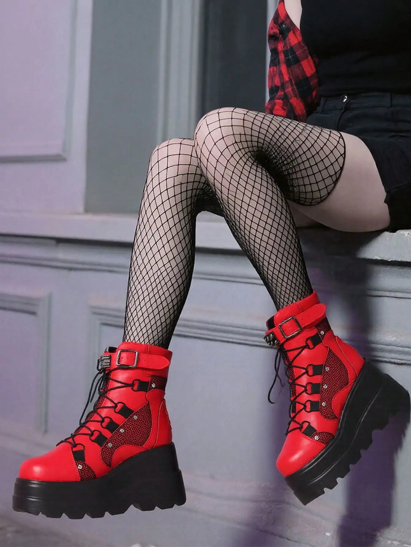 Gothic Platform Combat Boots Wedge Heel Ankle Lace Up