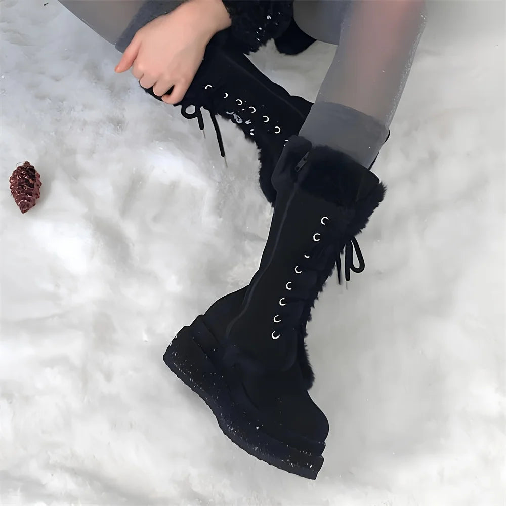 Winter Faux Fur Mid Calf Snow Boots Lace Up Wedges
